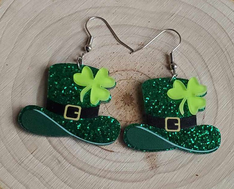 Boucles d'oreille chapeau Irlandais et trèfle