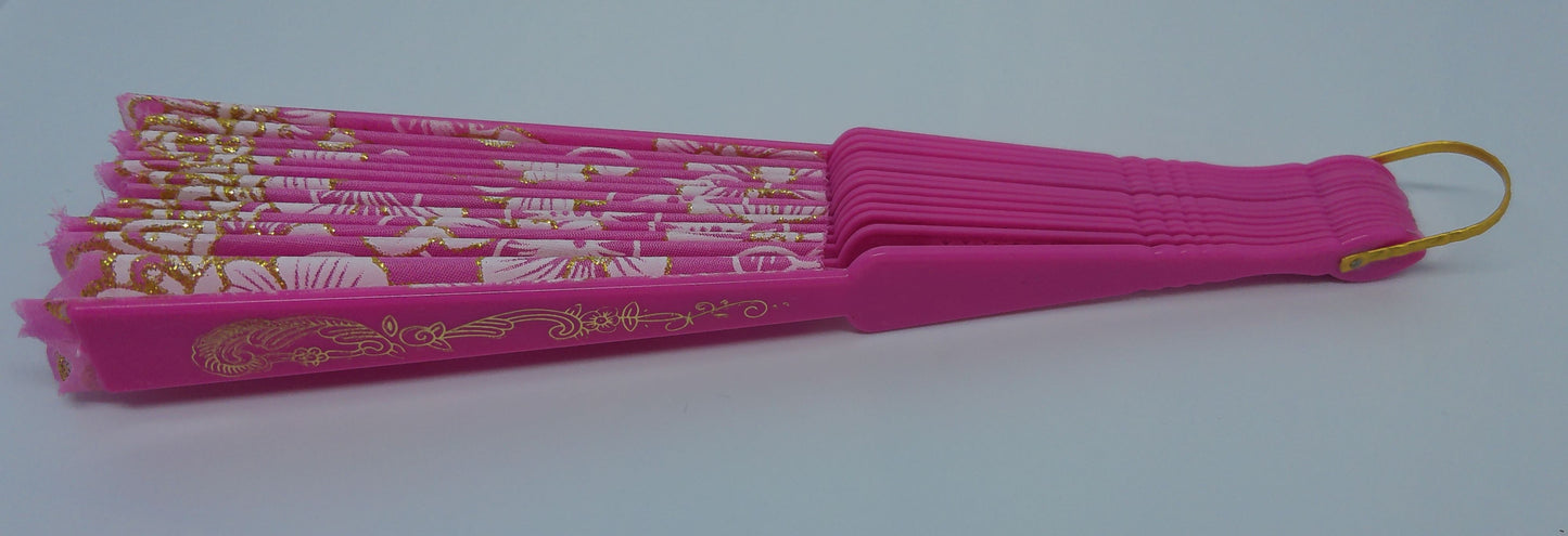 Eventail rose bonbon motifs fleuris et pailletés