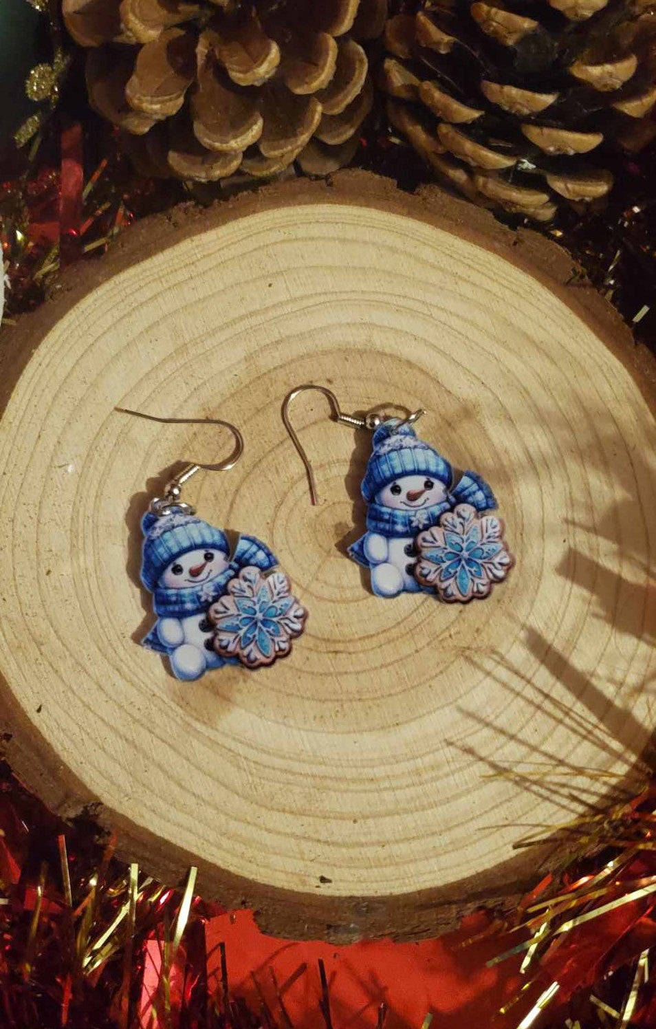 Boucles d'oreilles bonhomme de neige bleu et blanc