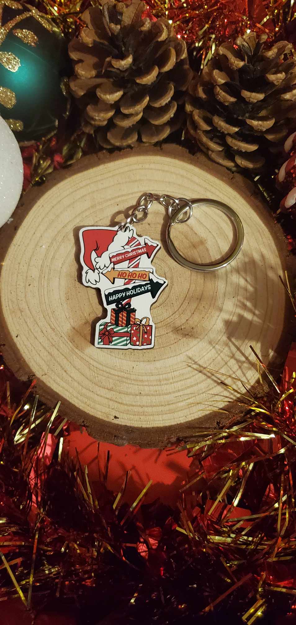 Porte clefs fléchage de noël en bois